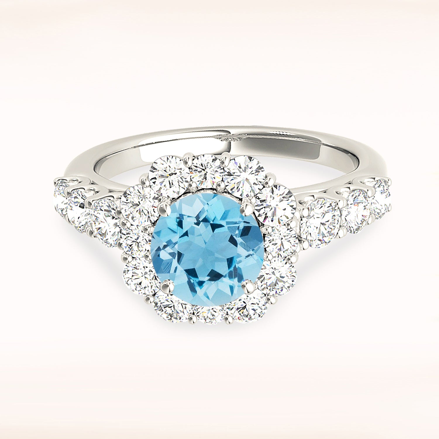 1.10 ct. Genuine Aquamarine Ring With 1.10 ctw. Diamond Floral Halo And Fancy Diamond Band | Round Blue Aquamarine Halo Ring-VIRABYANI